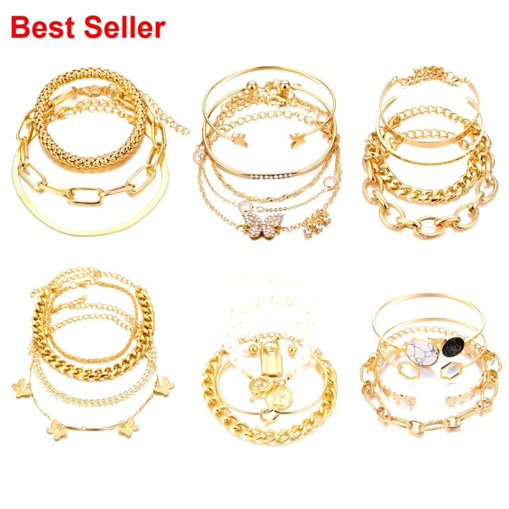6 Pack 14K Gold Plated Layered Stackable Bracelets Set Adjustable Cuff Bangle